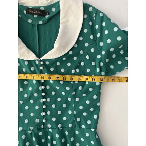 Gown Town Dress XXL Green White Polka Dot Retro 50s 60’s Fit Flair Swing Stretch - Picture 4 of 12
